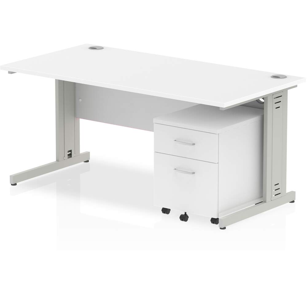 Impulse 1600 x 800mm Straight Desk White Top Silver Cable Managed Leg with 2 Drawer Mobile Pedestal