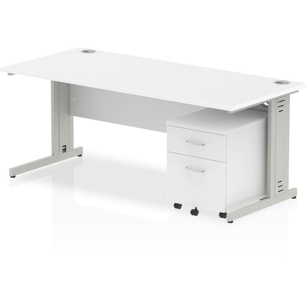 Impulse 1800 x 800mm Straight Desk White Top Silver Cable Managed Leg with 2 Drawer Mobile Pedestal