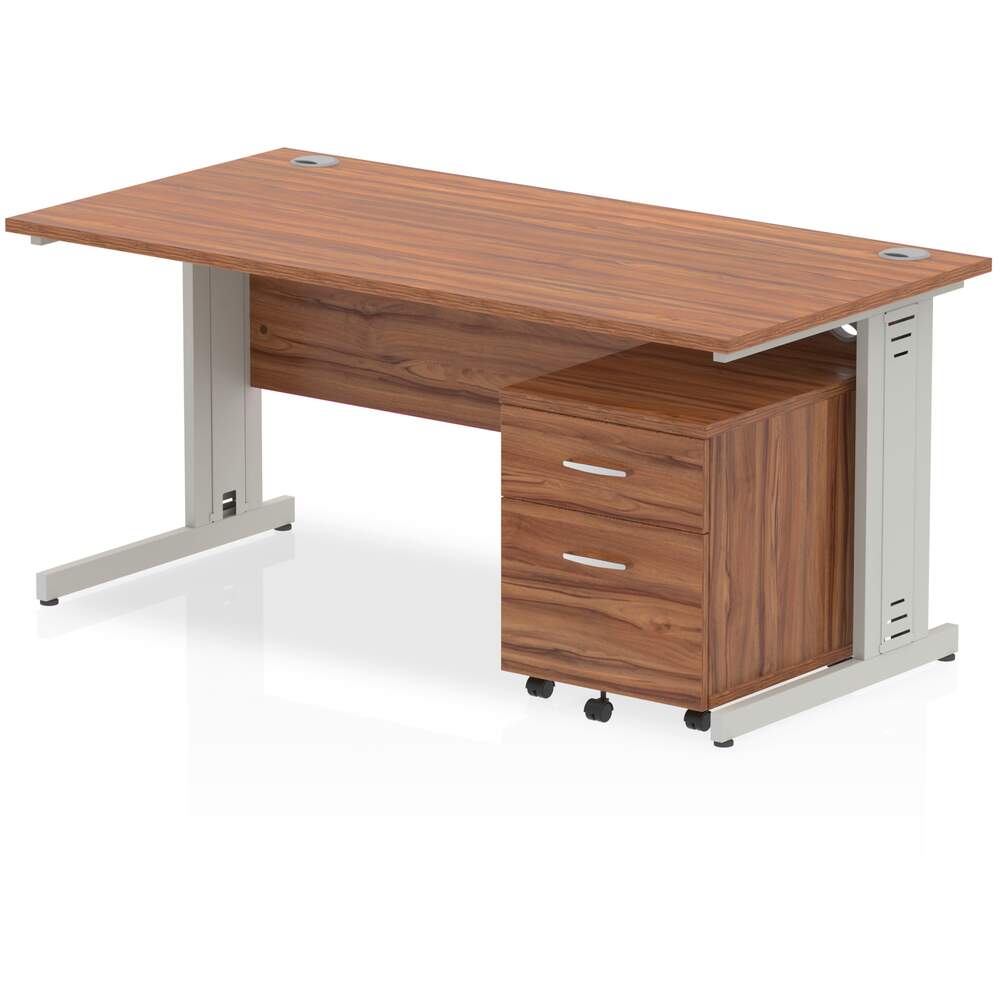 Impulse 1600 x 800mm Straight Desk Walnut Top Silver Cable Managed Leg with 2 Drawer Mobile Pedestal