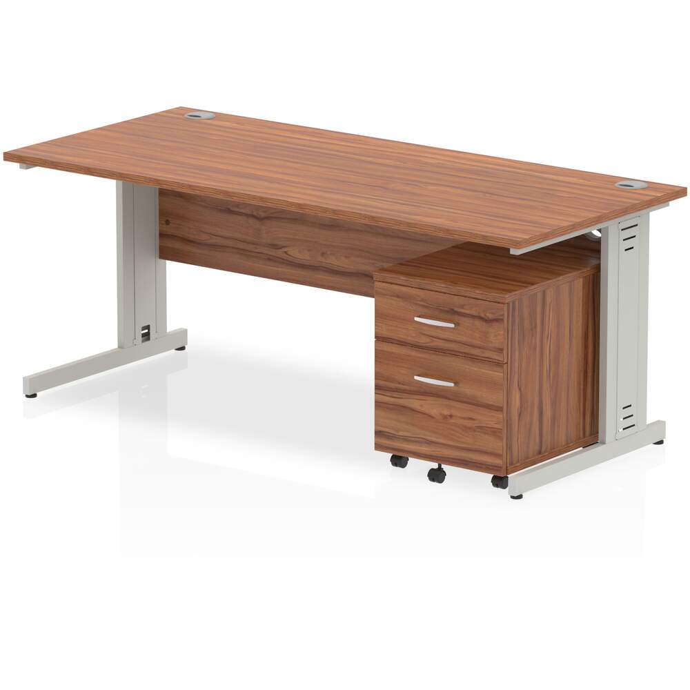 Impulse 1800 x 800mm Straight Desk Walnut Top Silver Cable Managed Leg with 2 Drawer Mobile Pedestal