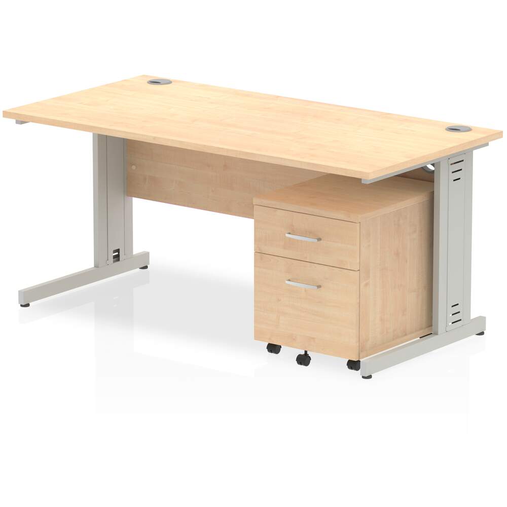Impulse 1600 x 800mm Straight Desk Maple Top Silver Cable Managed Leg with 2 Drawer Mobile Pedestal