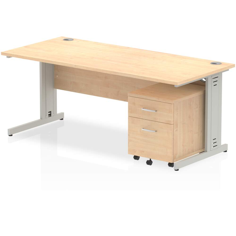 Impulse 1800 x 800mm Straight Desk Maple Top Silver Cable Managed Leg with 2 Drawer Mobile Pedestal