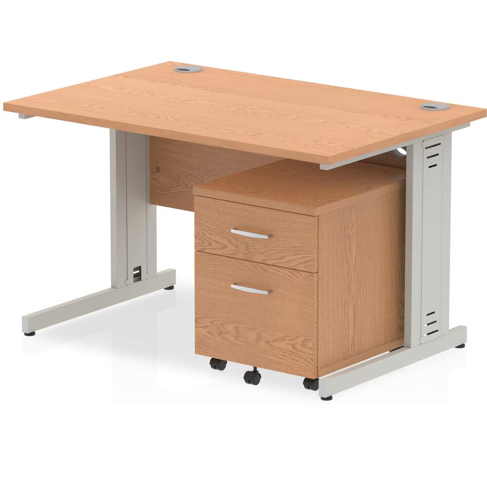 Impulse 1200 x 800mm Straight Desk Oak Top Silver Cable Managed Leg with 2 Drawer Mobile Pedestal Bundle