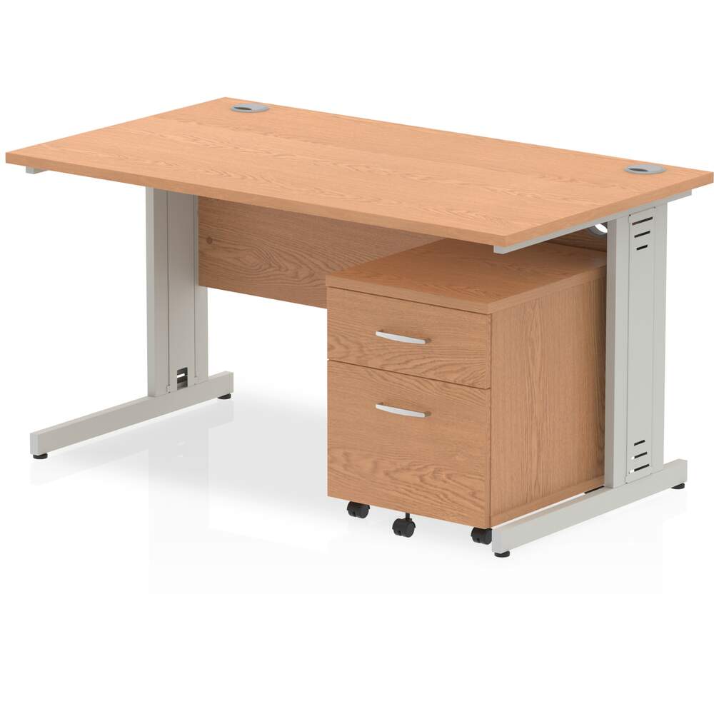 Impulse 1400 x 800mm Straight Desk Oak Top Silver Cable Managed Leg with 2 Drawer Mobile Pedestal Bundle