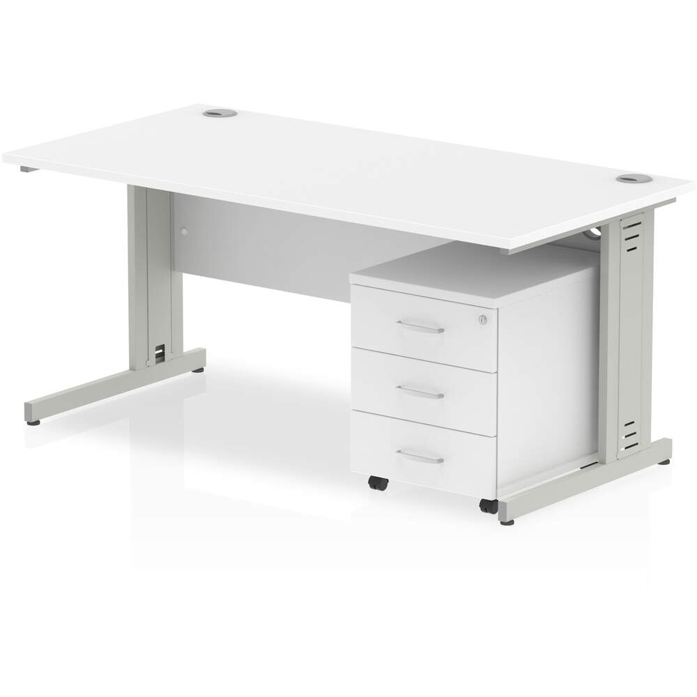 Impulse 1400 x 800mm Straight Desk White Top Silver Cable Managed Leg with 3 Drawer Mobile Pedestal Bundle