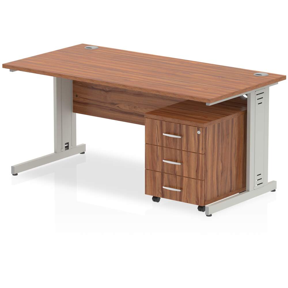 Impulse 1200 x 800mm Straight Desk Walnut Top Silver Cable Managed Leg with 3 Drawer Mobile Pedestal Bundle