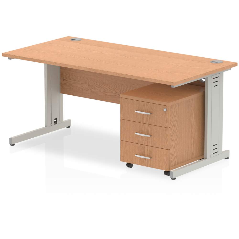 Impulse 1200 x 800mm Straight Desk Oak Top Silver Cable Managed Leg with 3 Drawer Mobile Pedestal Bundle