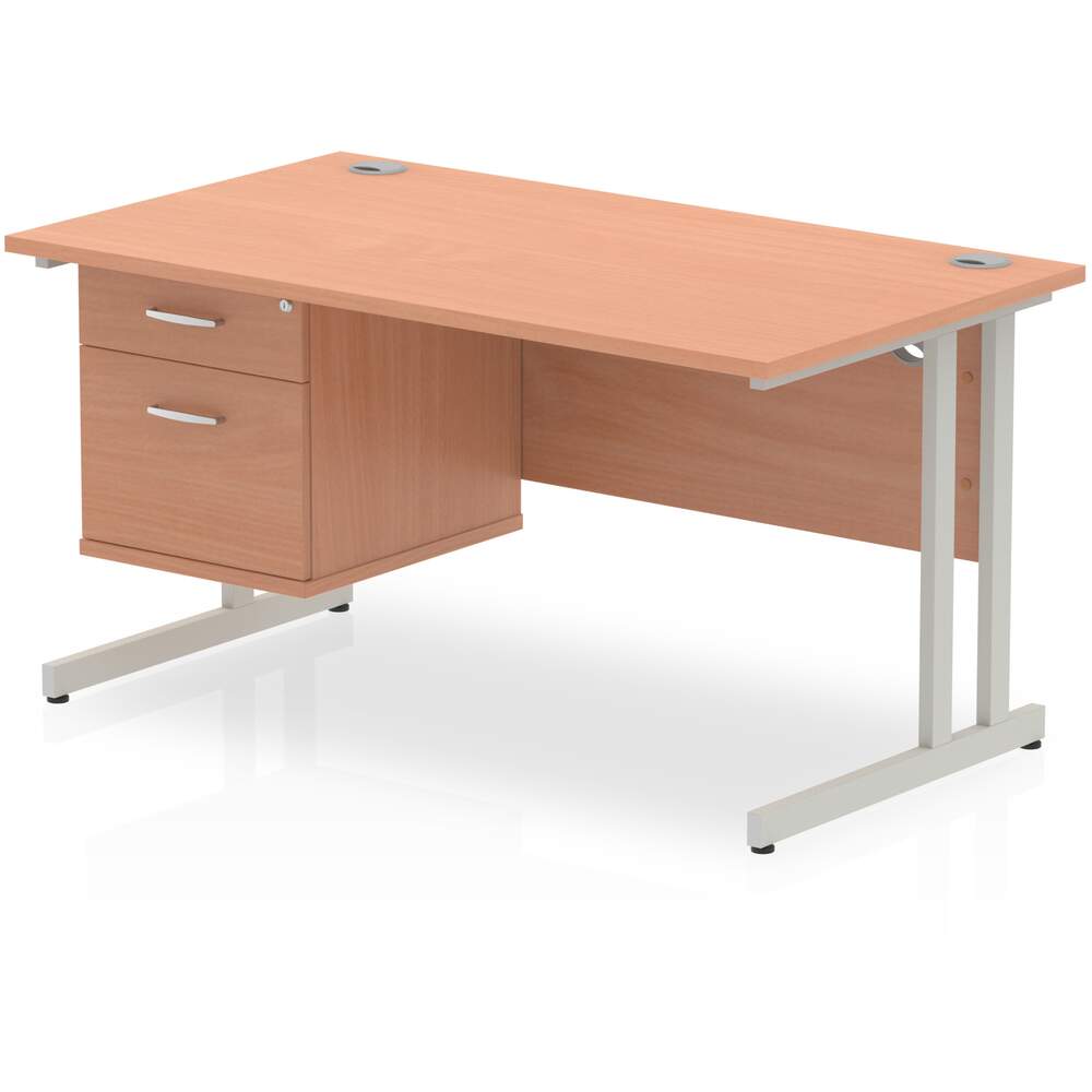 Impulse 1400 x 800mm Straight Desk Beech Top Silver Cantilever Leg with 1 x 2 Drawer Fixed Pedestal