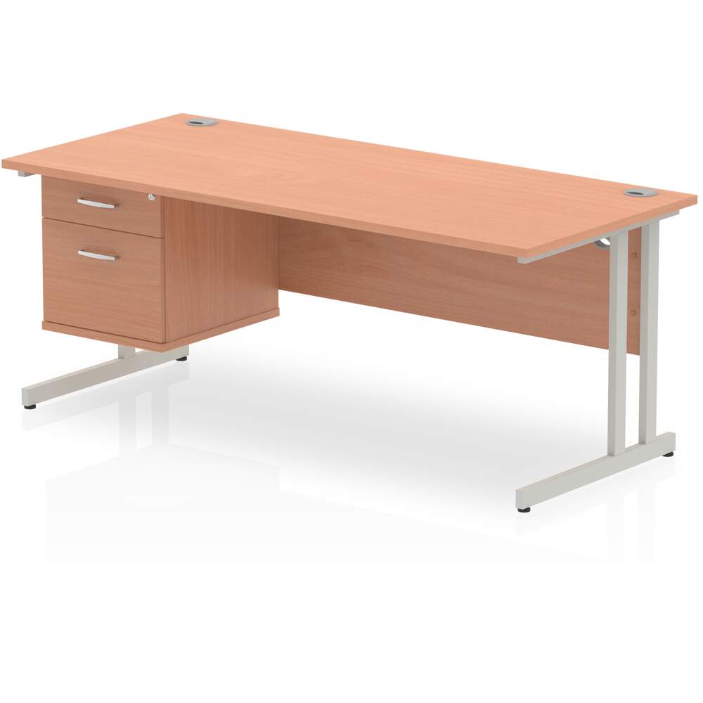 Impulse 1800 x 800mm Straight Desk Beech Top Silver Cantilever Leg 1 x 2 Drawer Fixed Pedestal