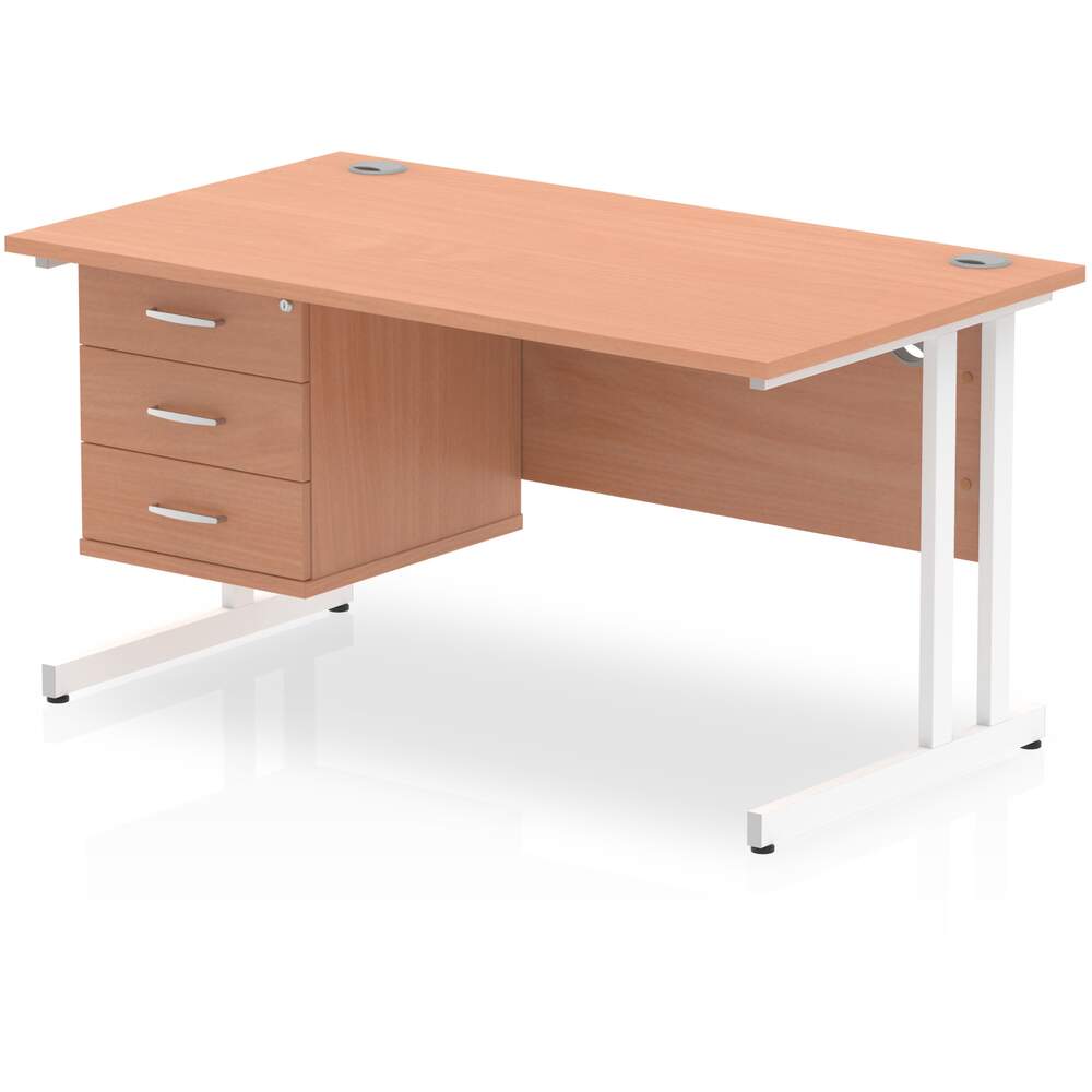 Impulse 1400 x 800mm Straight Desk Beech Top White Cantilever Leg with 1 x 3 Drawer Fixed Pedestal