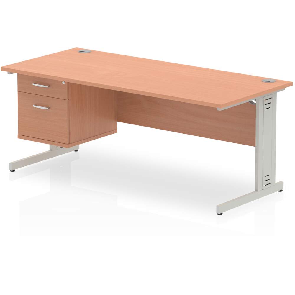 Impulse 1800 x 800mm Straight Desk Beech Top Silver Cable Managed Leg 1 x 2 Drawer Fixed Pedestal