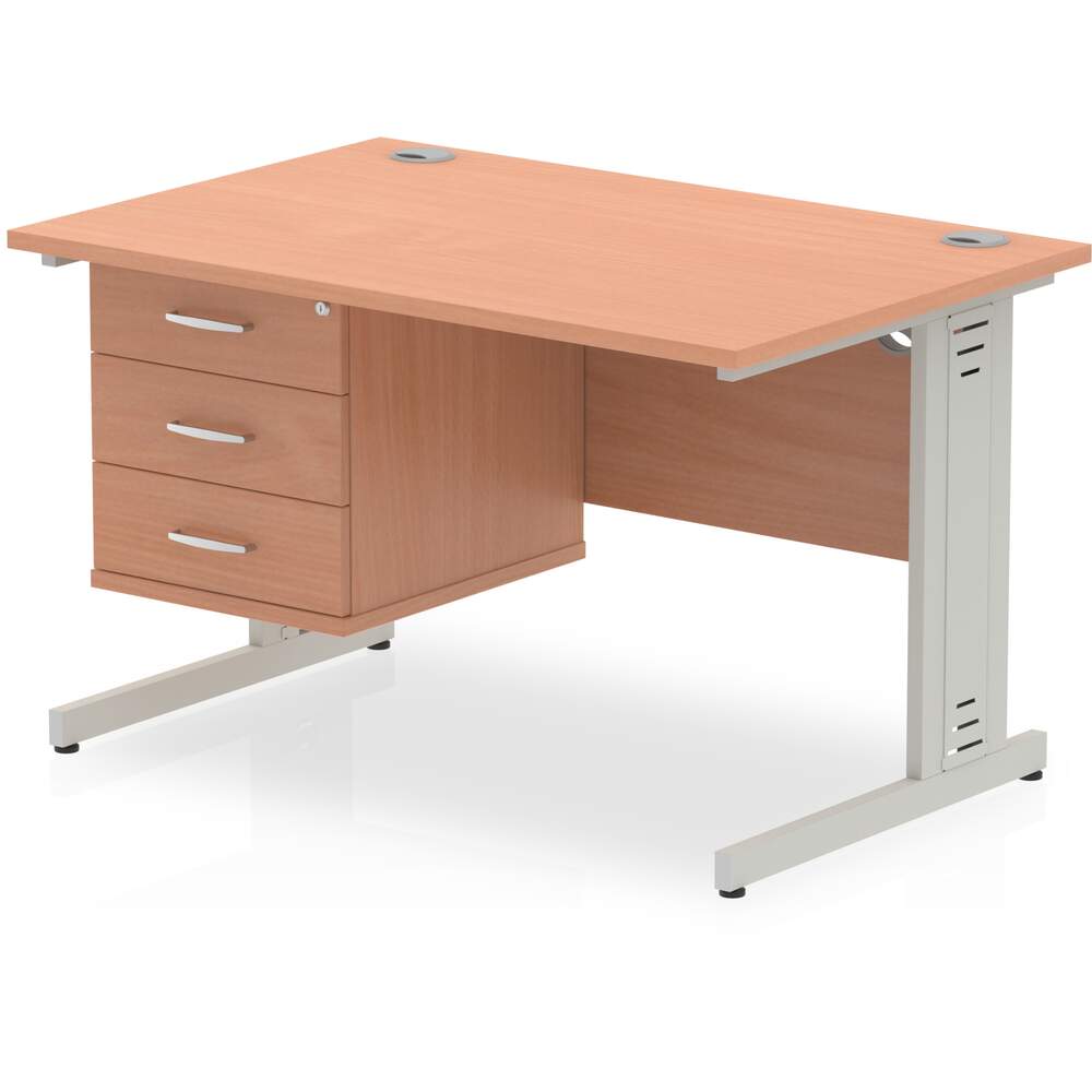 Impulse 1200 x 800mm Straight Desk Beech Top Silver Cable Managed Leg with 1 x 3 Drawer Fixed Pedestal