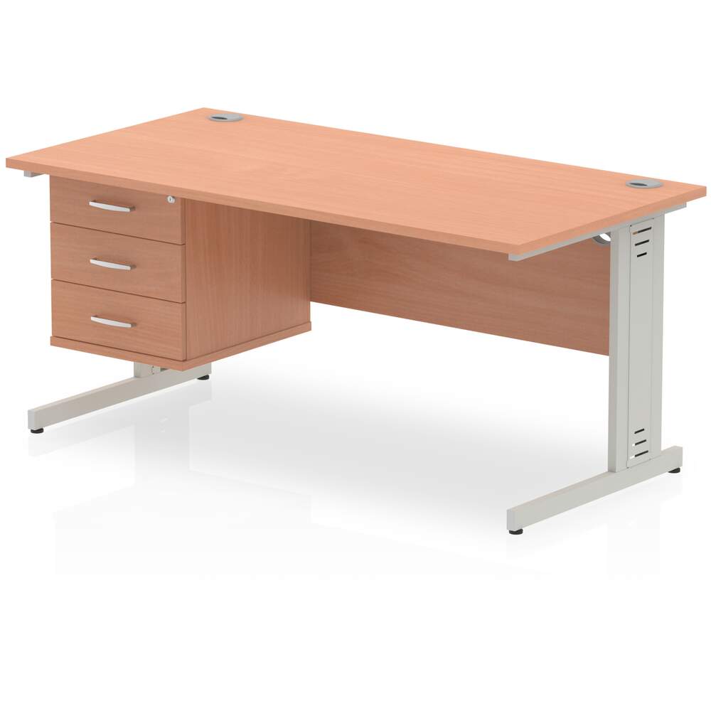 Impulse 1600 x 800mm Straight Desk Beech Top Silver Cable Managed Leg 1 x 3 Drawer Fixed Pedestal