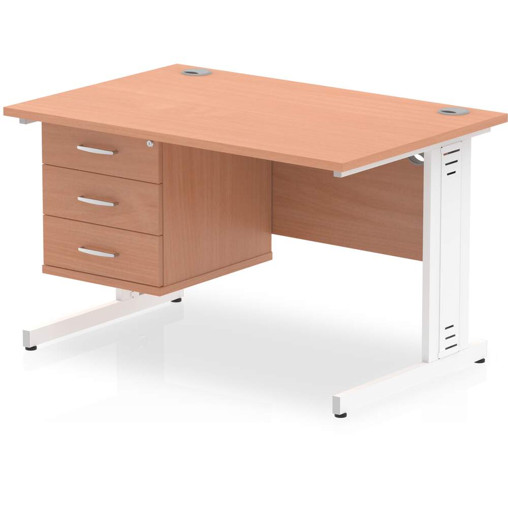 Impulse 1200 x 800mm Straight Desk Beech Top White Cable Managed Leg with 1 x 3 Drawer Fixed Pedestal