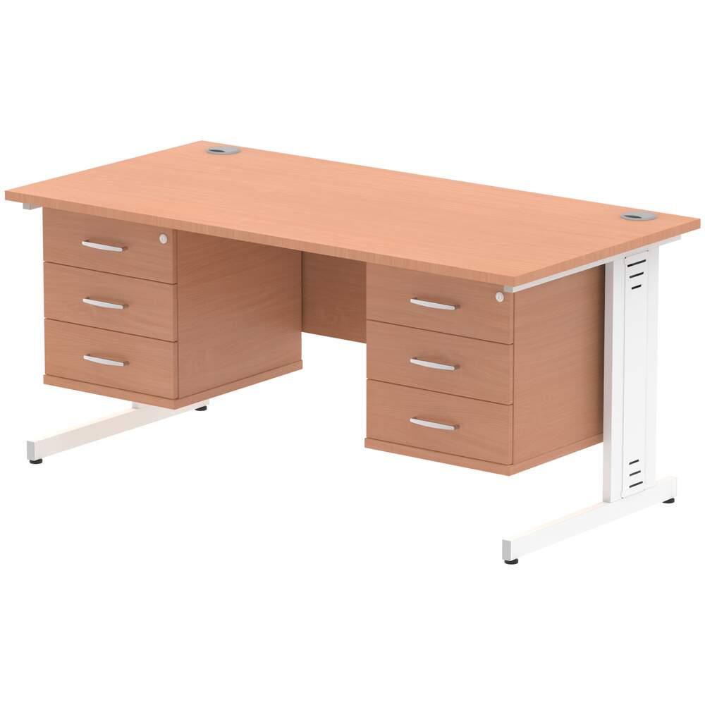 Impulse 1600 x 800mm Straight Desk Beech Top White Cable Managed Leg 2 x 3 Drawer Fixed Pedestal