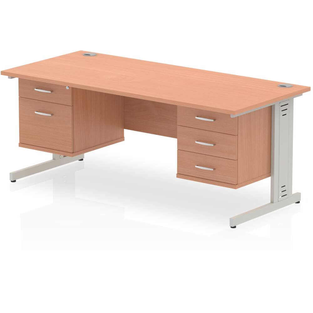 Impulse 1600 x 800mm Straight Desk Beech Top Silver Cable Managed Leg 1 x 2 Drawer 1 x 3 Drawer Fixed Pedestal