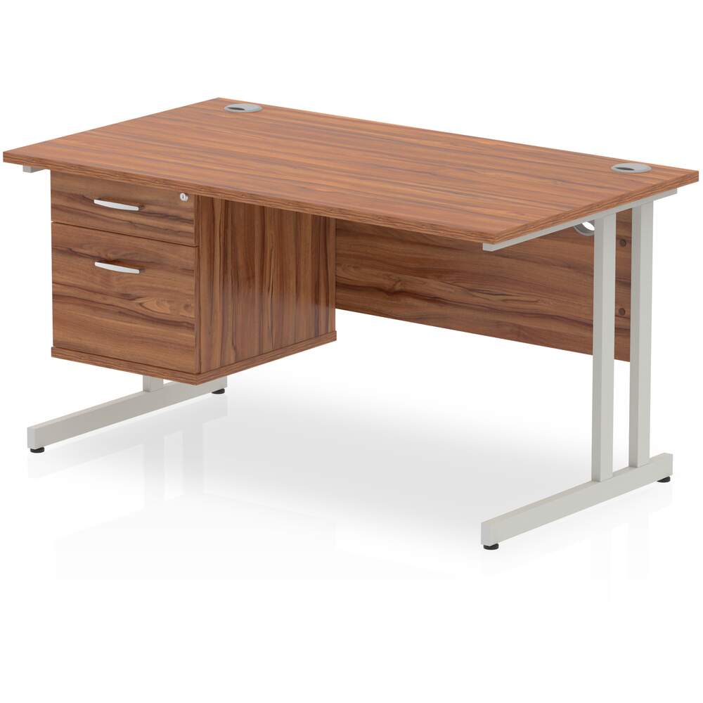 Impulse 1400 x 800mm Straight Desk Walnut Top Silver Cantilever Leg with 1 x 2 Drawer Fixed Pedestal