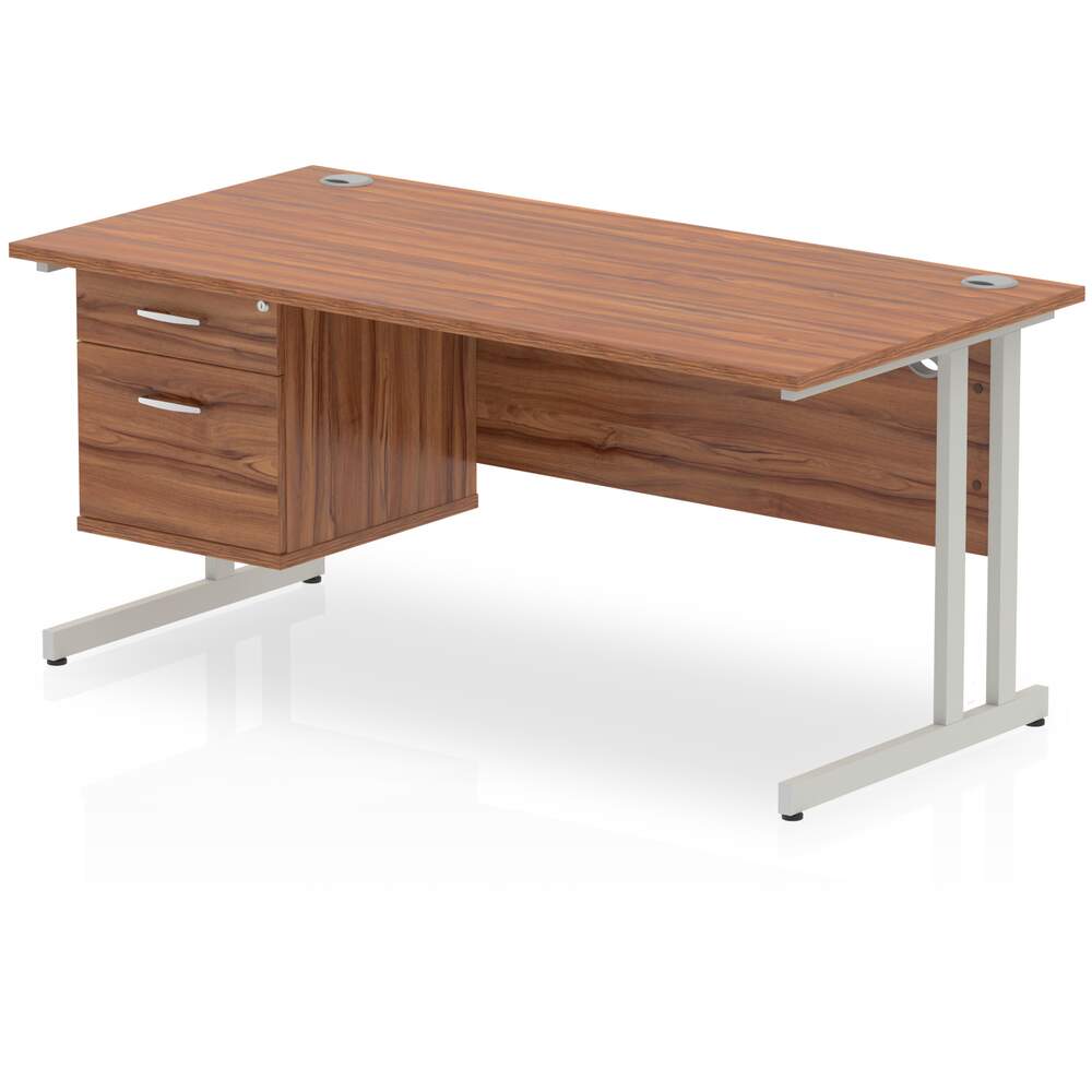 Impulse 1600 x 800mm Straight Desk Walnut Top Silver Cantilever Leg 1 x 2 Drawer Fixed Pedestal