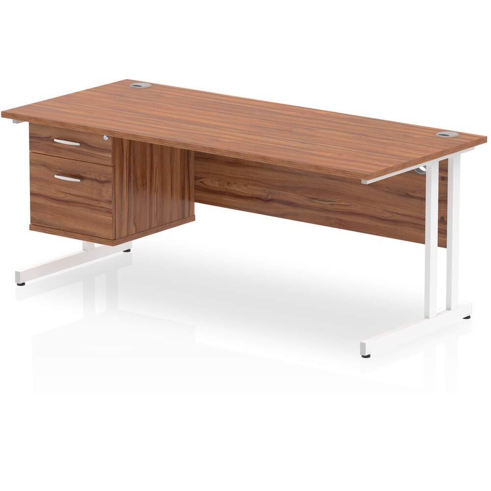 Impulse 1800 x 800mm Straight Desk Walnut Top White Cantilever Leg 1 x 2 Drawer Fixed Pedestal