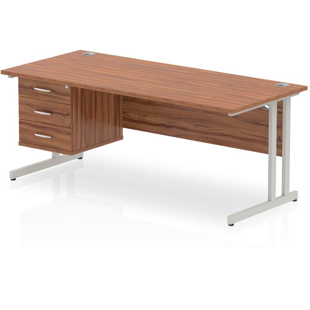 Impulse 1800 x 800mm Straight Desk Walnut Top Silver Cantilever Leg 1 x 3 Drawer Fixed Pedestal