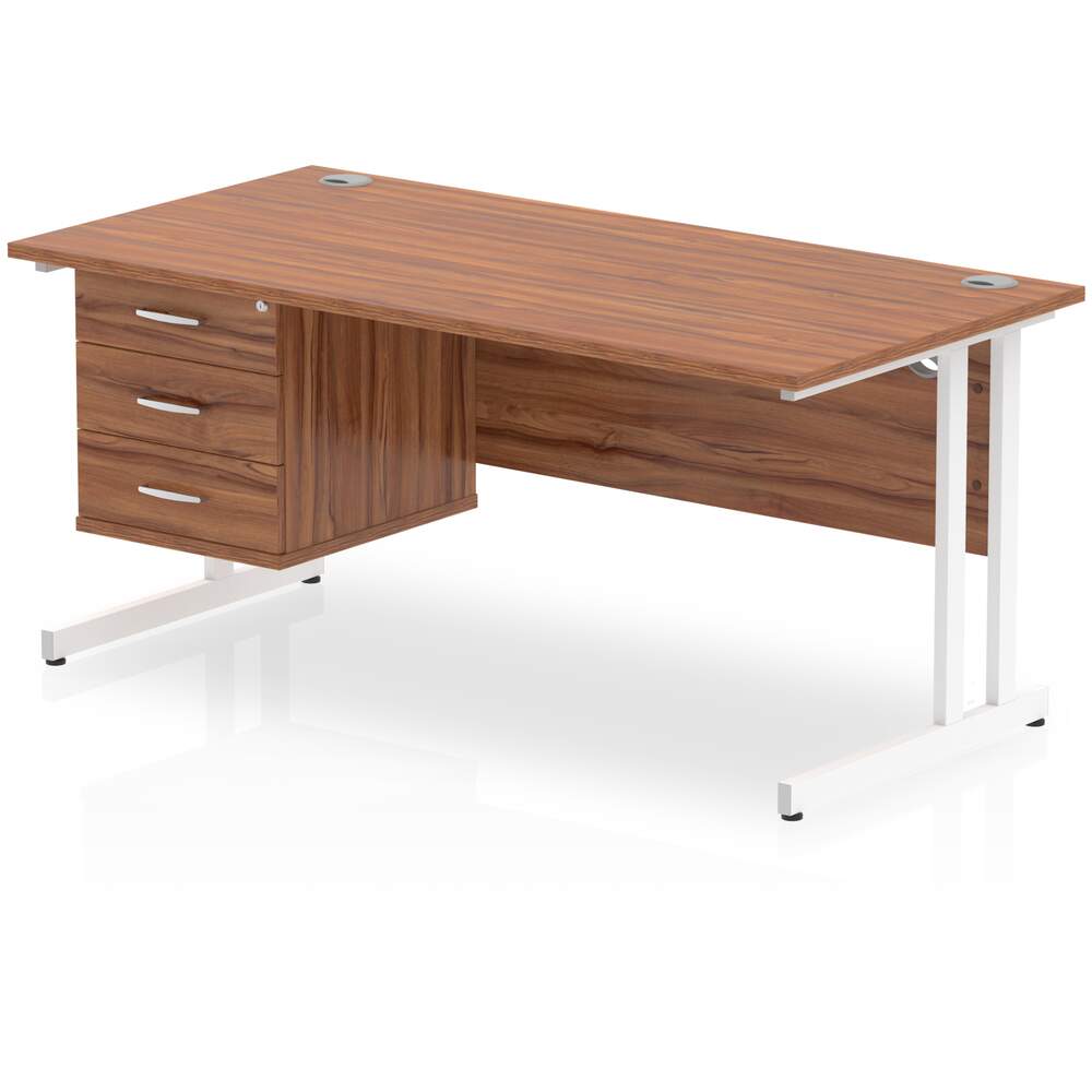 Impulse 1600 x 800mm Straight Desk Walnut Top White Cantilever Leg 1 x 3 Drawer Fixed Pedestal