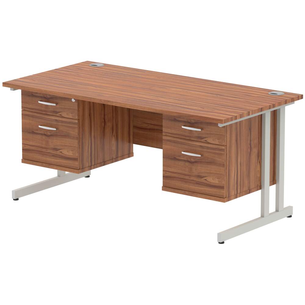 Impulse 1600 x 800mm Straight Desk Walnut Top Silver Cantilever Leg 2 x 2 Drawer Fixed Pedestal