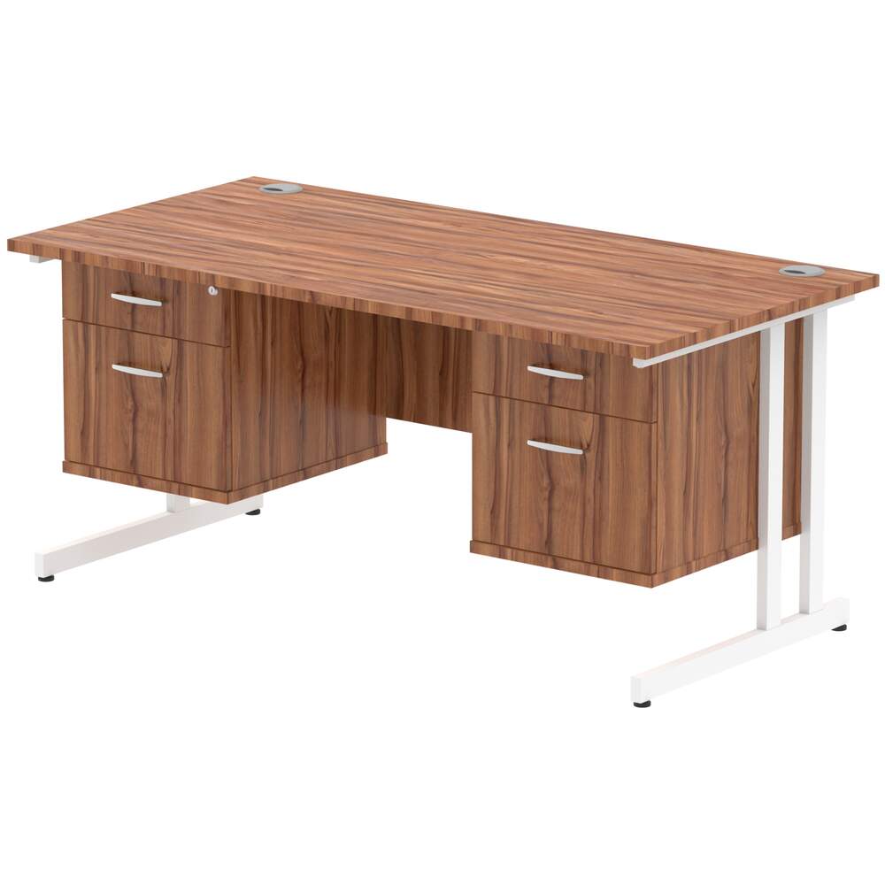 Impulse 1600 x 800mm Straight Desk Walnut Top White Cantilever Leg 2 x 2 Drawer Fixed Pedestal