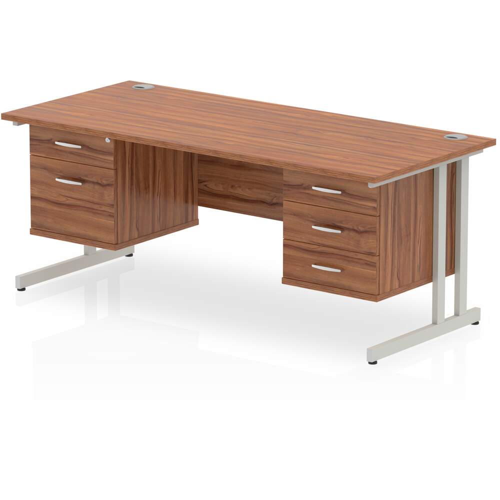 Impulse 1600 x 800mm Straight Desk Walnut Top Silver Cantilever Leg 1 x 2 Drawer 1 x 3 Drawer Fixed Pedestal