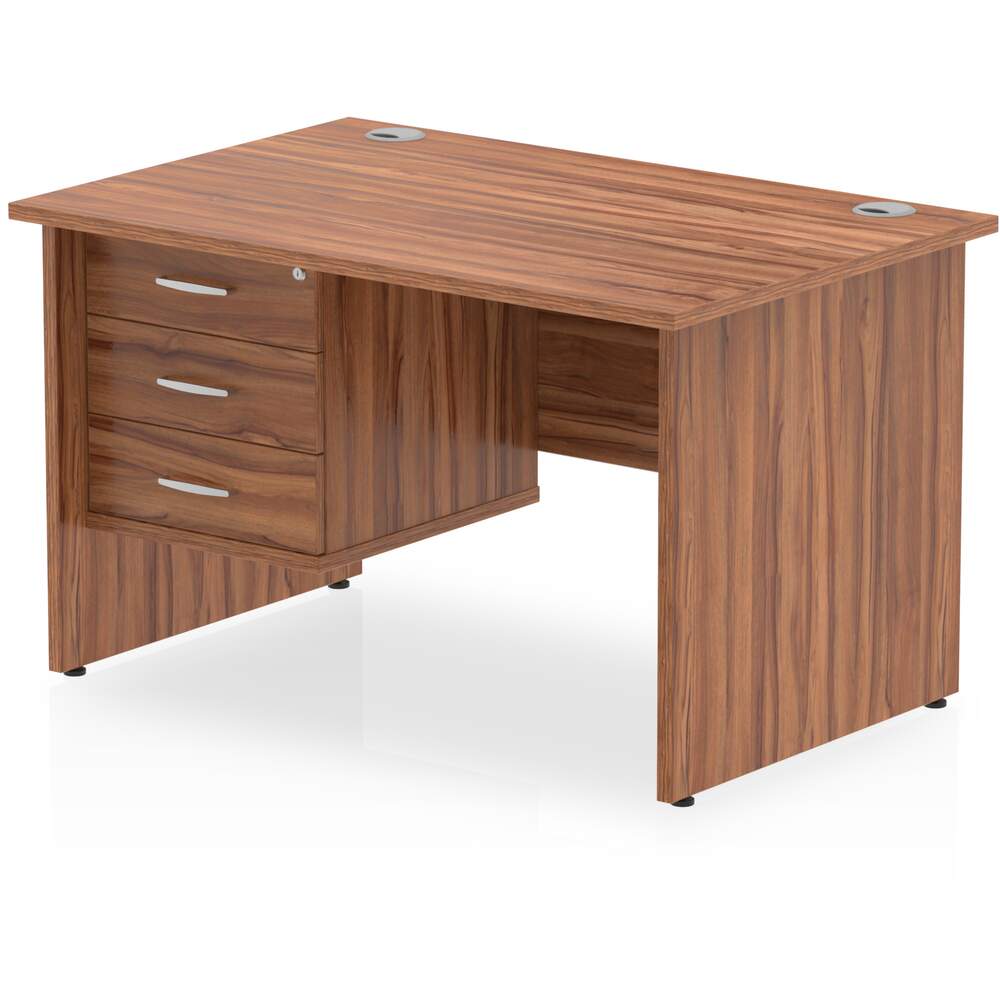 Impulse 1200 x 800mm Straight Desk Walnut Top Panel End Leg with 1 x 3 Drawer Fixed Pedestal