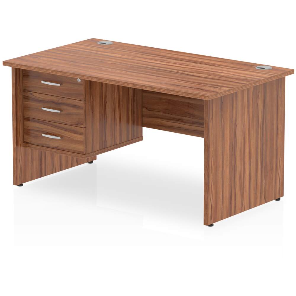 Impulse 1400 x 800mm Straight Desk Walnut Top Panel End Leg with 1 x 3 Drawer Fixed Pedestal