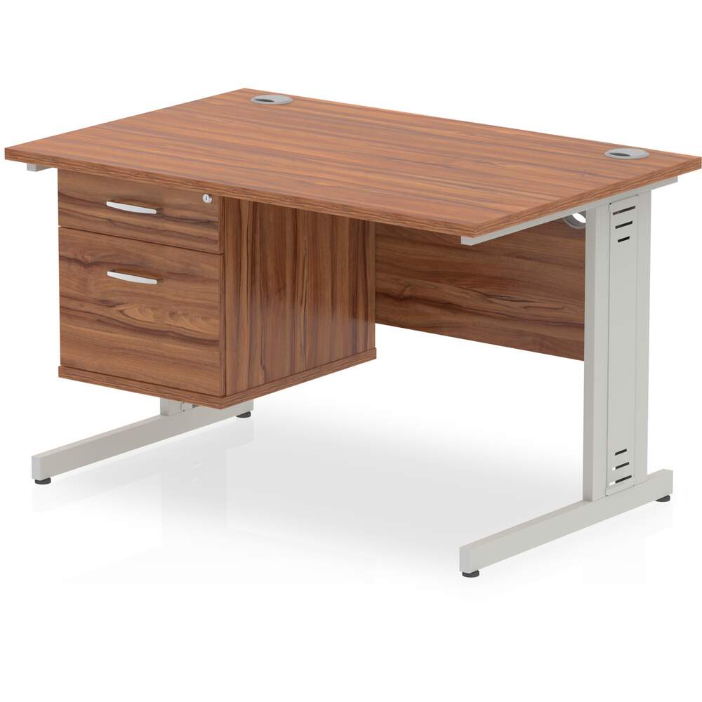 Impulse 1200 x 800mm Straight Desk Walnut Top Silver Cable Managed Leg with 1 x 2 Drawer Fixed Pedestal