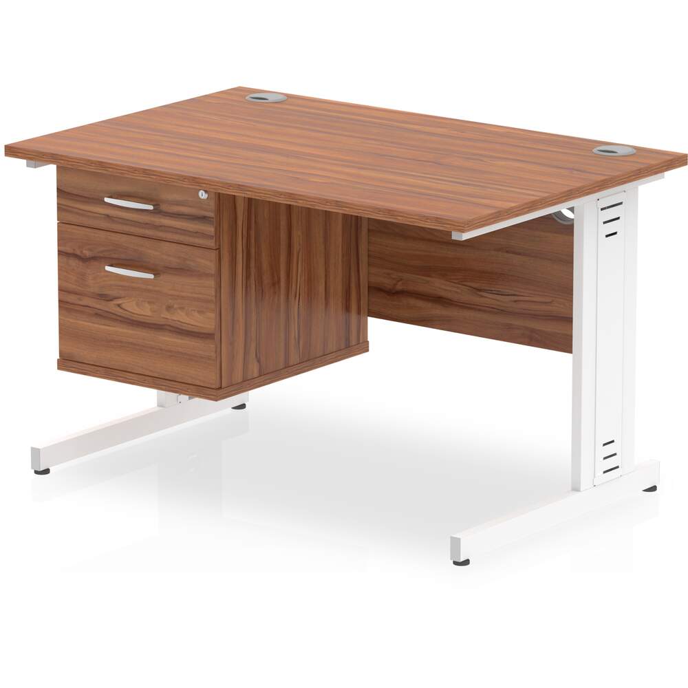 Impulse 1200 x 800mm Straight Desk Walnut Top White Cable Managed Leg with 1 x 2 Drawer Fixed Pedestal
