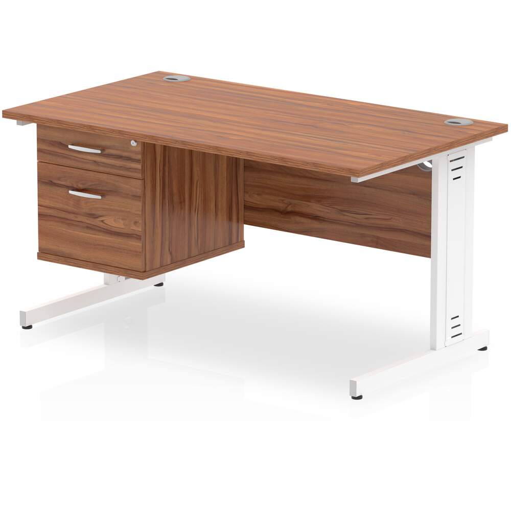 Impulse 1400 x 800mm Straight Desk Walnut Top White Cable Managed Leg with 1 x 2 Drawer Fixed Pedestal