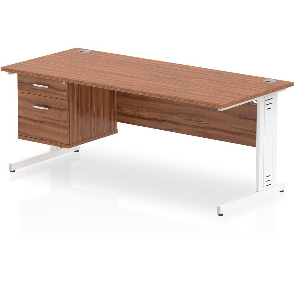 Impulse 1800 x 800mm Straight Desk Walnut Top White Cable Managed Leg 1 x 2 Drawer Fixed Pedestal