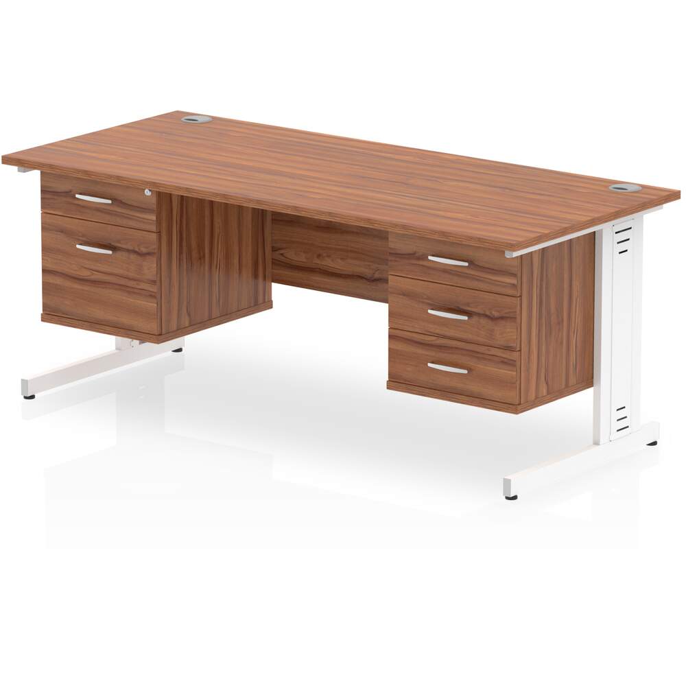Impulse 1600 x 800mm Straight Desk Walnut Top White Cable Managed Leg 1 x 2 Drawer 1 x 3 Drawer Fixed Pedestal