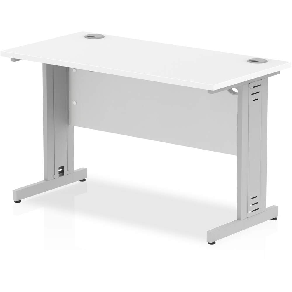 Impulse 1200 x 600mm Straight Desk White Top Silver Cable Managed Leg