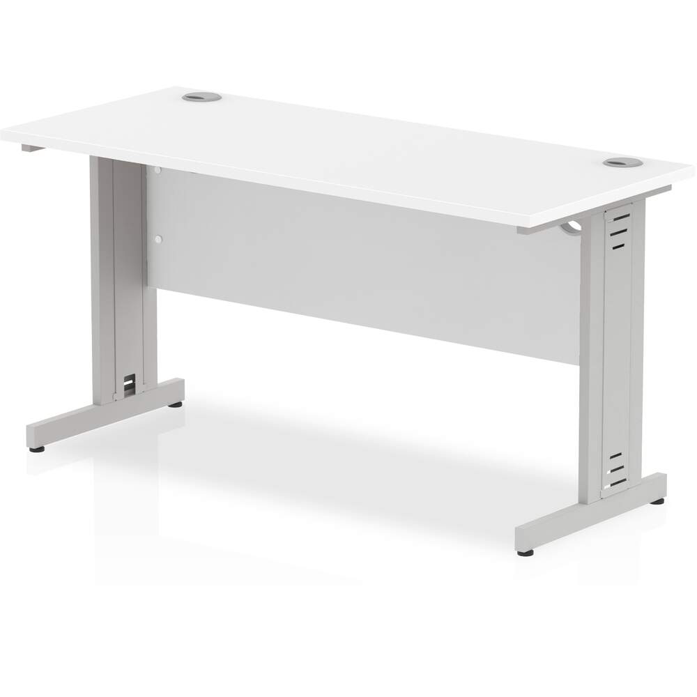 Impulse 1400 x 600mm Straight Desk White Top Silver Cable Managed Leg