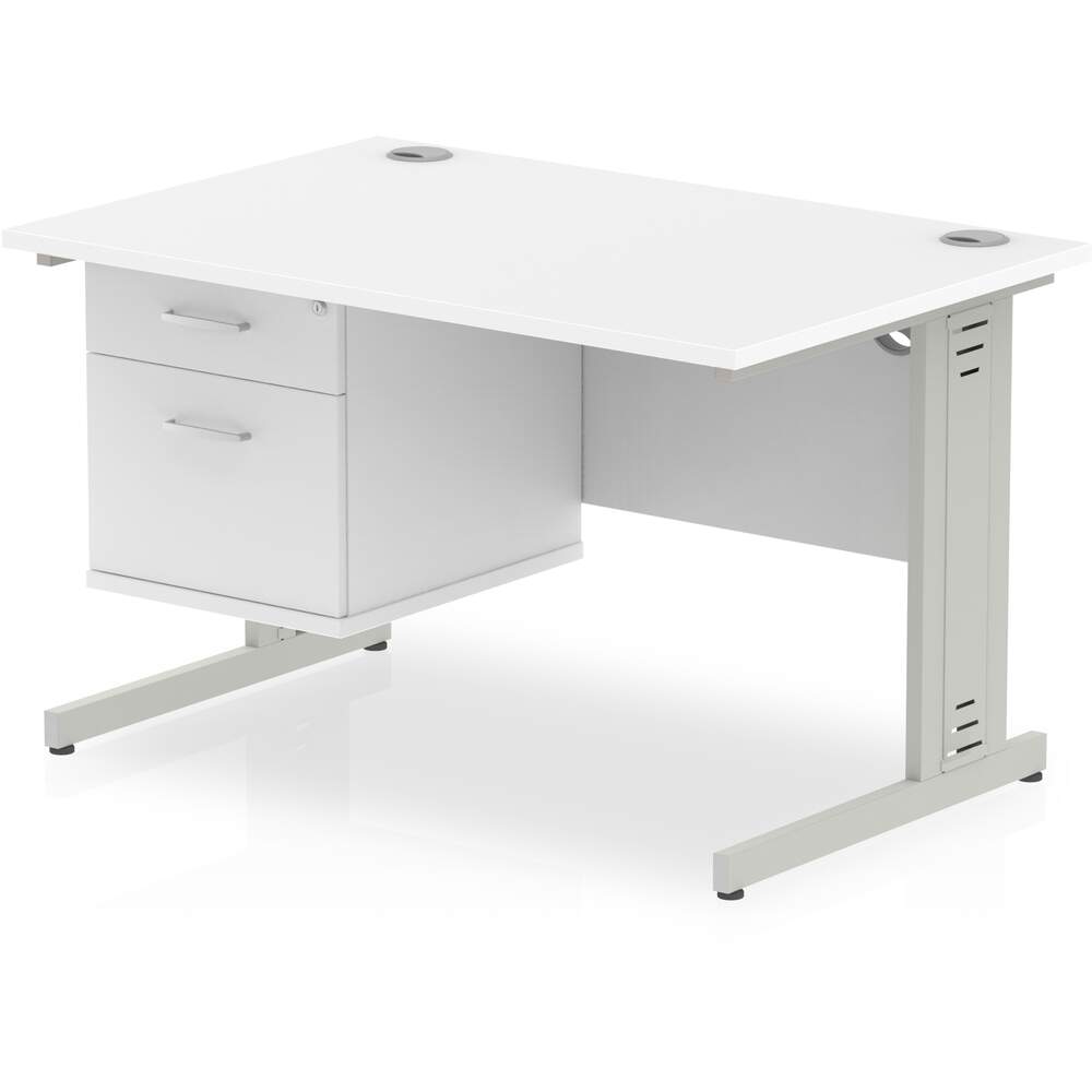 Impulse 1200 x 800mm Straight Desk White Top Silver Cable Managed Leg with 1 x 2 Drawer Fixed Pedestal