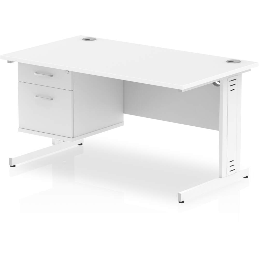 Impulse 1400 x 800mm Straight Desk White Top White Cable Managed Leg with 1 x 2 Drawer Fixed Pedestal
