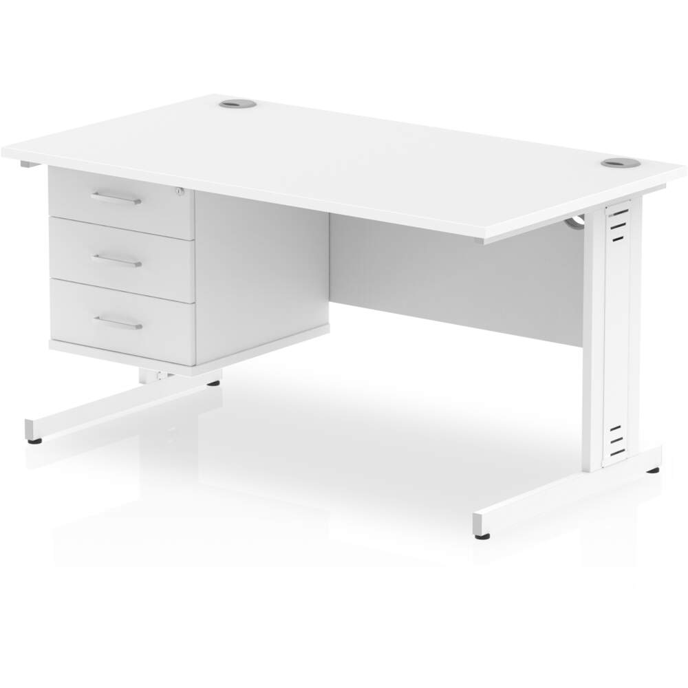 Impulse 1400 x 800mm Straight Desk White Top White Cable Managed Leg with 1 x 3 Drawer Fixed Pedestal