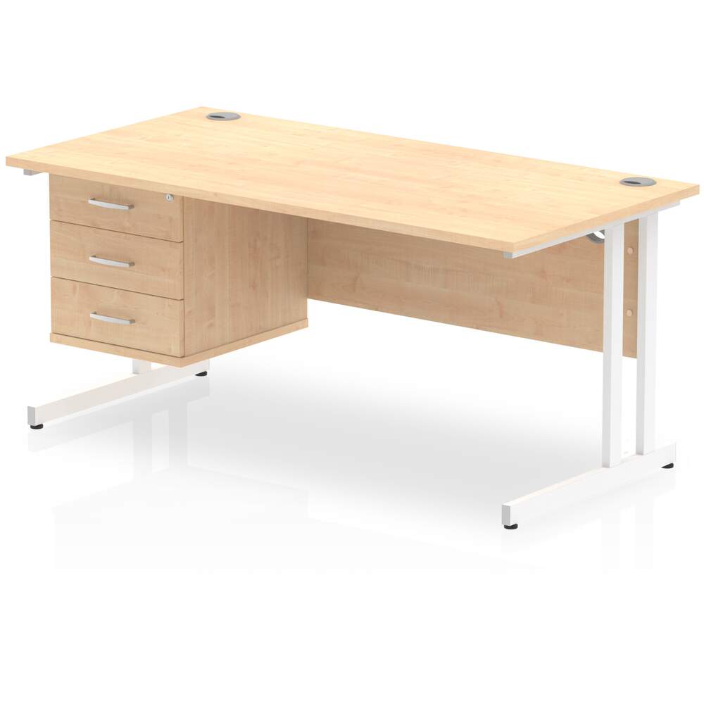 Impulse 1600 x 800mm Straight Desk Maple Top White Cantilever Leg 1 x 3 Drawer Fixed Pedestal