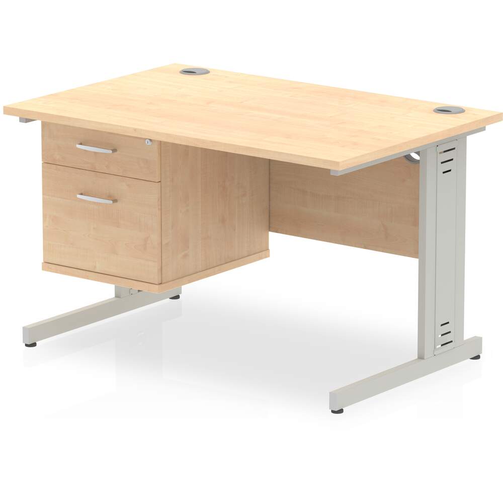 Impulse 1200 x 800mm Straight Desk Maple Top Silver Cable Managed Leg with 1 x 2 Drawer Fixed Pedestal