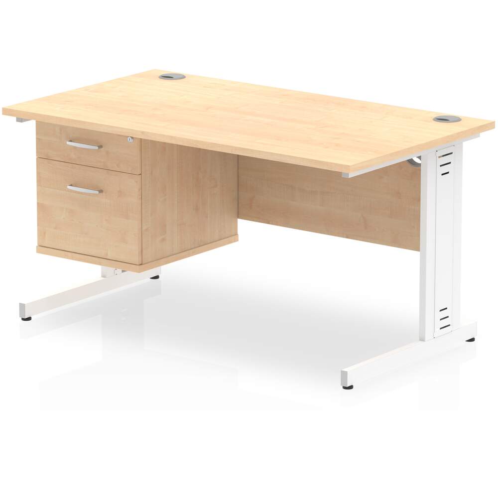 Impulse 1400 x 800mm Straight Desk Maple Top White Cable Managed Leg with 1 x 2 Drawer Fixed Pedestal