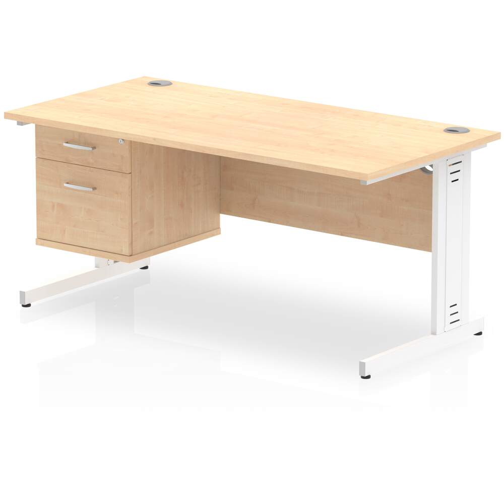 Impulse 1600 x 800mm Straight Desk Maple Top White Cable Managed Leg 1 x 2 Drawer Fixed Pedestal