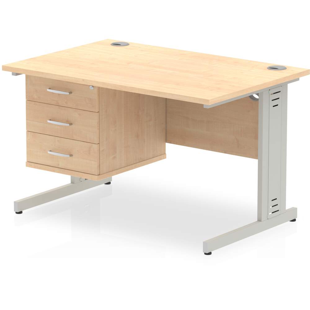 Impulse 1200 x 800mm Straight Desk Maple Top Silver Cable Managed Leg with 1 x 3 Drawer Fixed Pedestal