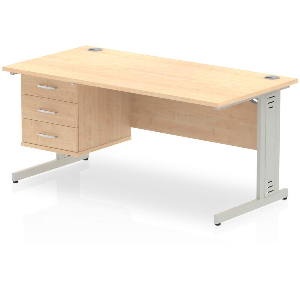 Impulse 1600 x 800mm Straight Desk Maple Top Silver Cable Managed Leg 1 x 3 Drawer Fixed Pedestal