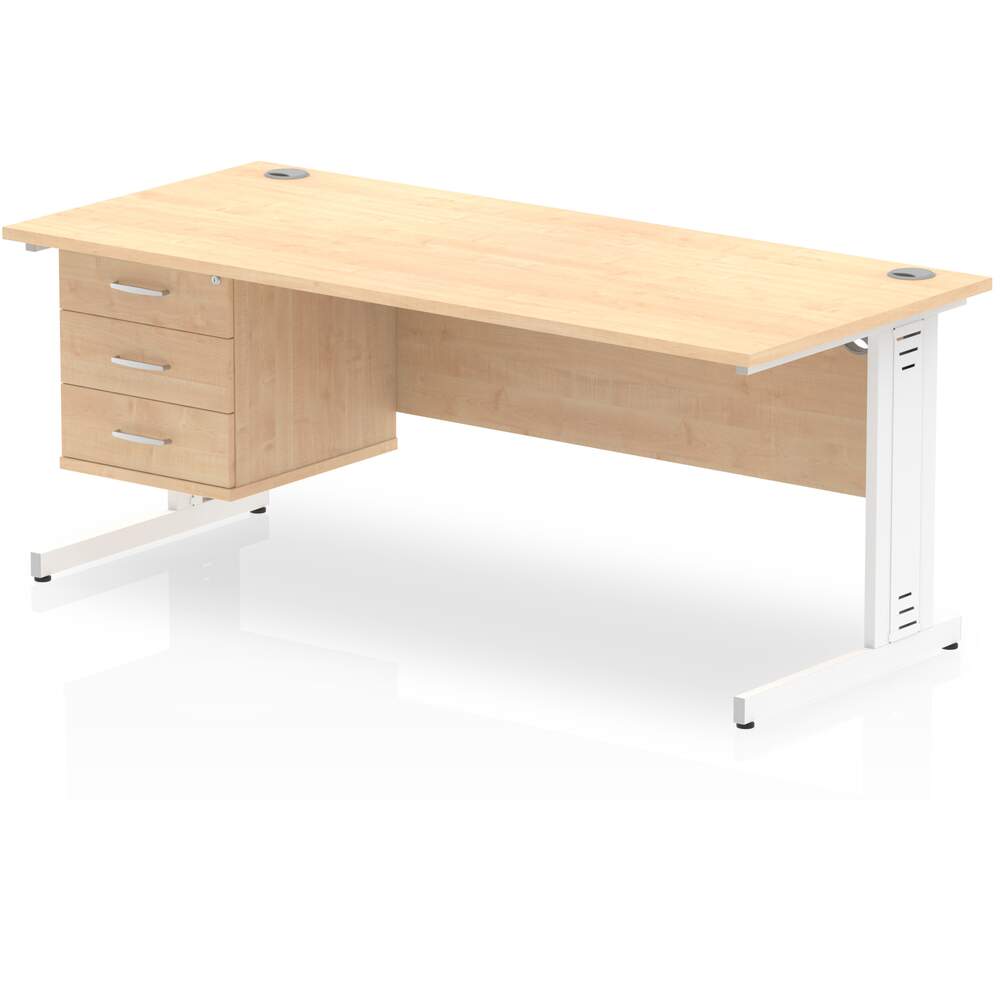Impulse 1800 x 800mm Straight Desk Maple Top White Cable Managed Leg 1 x 3 Drawer Fixed Pedestal