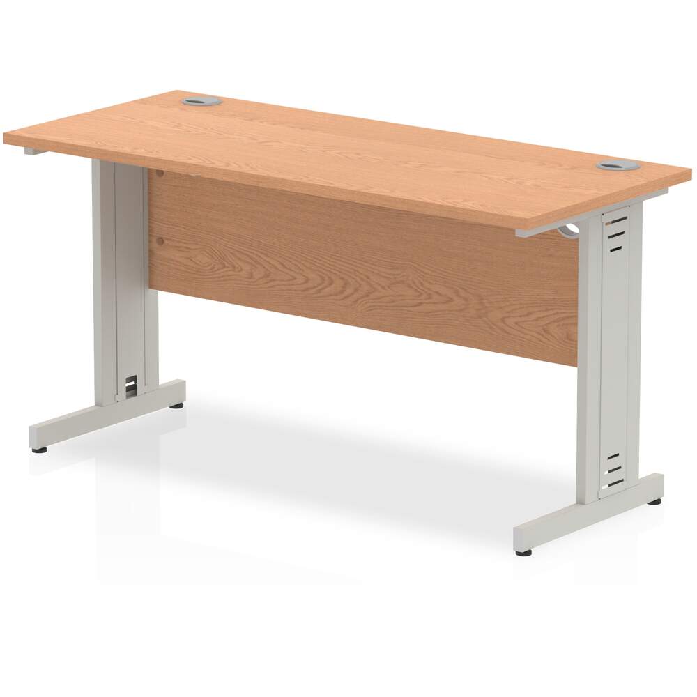 Impulse 1400 x 600mm Straight Desk Oak Top Silver Cable Managed Leg