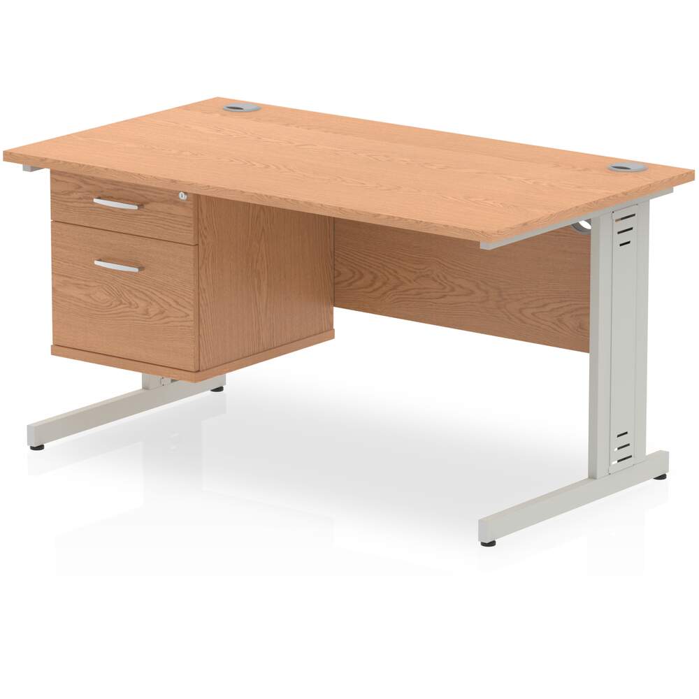 Impulse 1400 x 800mm Straight Desk Oak Top Silver Cable Managed Leg with 1 x 2 Drawer Fixed Pedestal