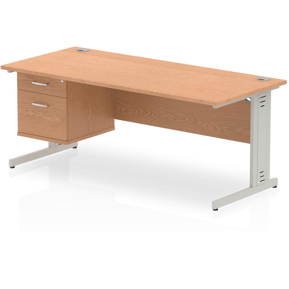 Impulse 1800 x 800mm Straight Desk Oak Top Silver Cable Managed Leg 1 x 2 Drawer Fixed Pedestal